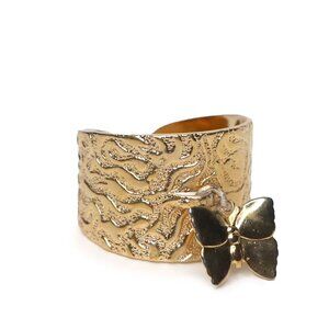 VTG Sarah Coventry Gold Tone Wide Cuff Ring  Dangling Butterfly Charm Adjustable